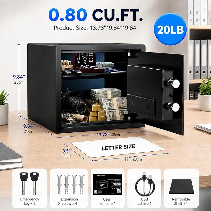 Grimtron 20LB Biometric Safe with Fingerprint Lock, 3-8 Digit PIN | 0.80 cu.ft. Safe with Silent Mode & LED & Backlit Keypad , 6.7M Combinations, Metal Knob, Removable Shelf & Easy Installation