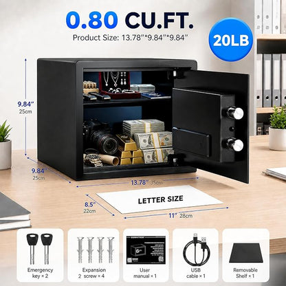 Grimtron 20LB Biometric Safe with Fingerprint Lock, 3-8 Digit PIN | 0.80 cu.ft. Safe with Silent Mode & LED & Backlit Keypad , 6.7M Combinations, Metal Knob, Removable Shelf & Easy Installation