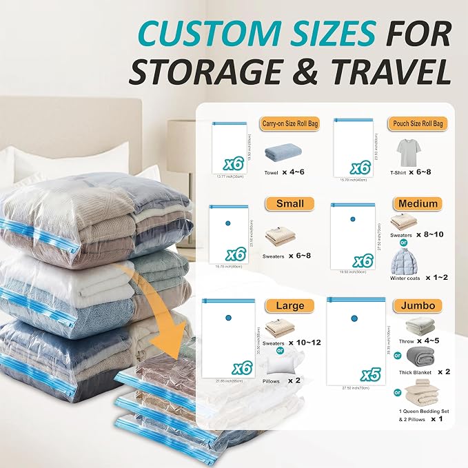 Vacuum Storage Bags with Hand Pump, Vacuum Seal Space Saver Bags,35 Combo | 80% Space-Saving Bags for Clothing, Blankets, Pillows, Bedding & Comforters; Multi-Size Variety Pack for Home & Travel
