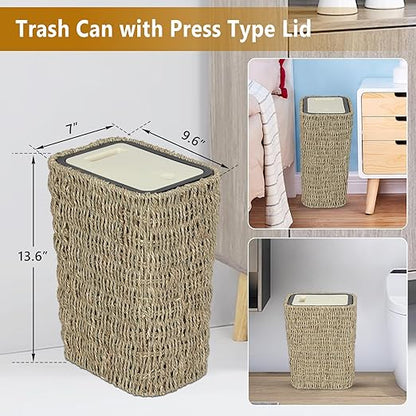 Trongee Boho Trash Can with Lid,3 Gallon Small Rattan Trash Can with Press Top Lid,Slim Wicker Waste Basket and Hamper 2 in 1 for Bathroom,Seagrass Woven Garbage Can Trash Basket for Bathroom,Kitchen