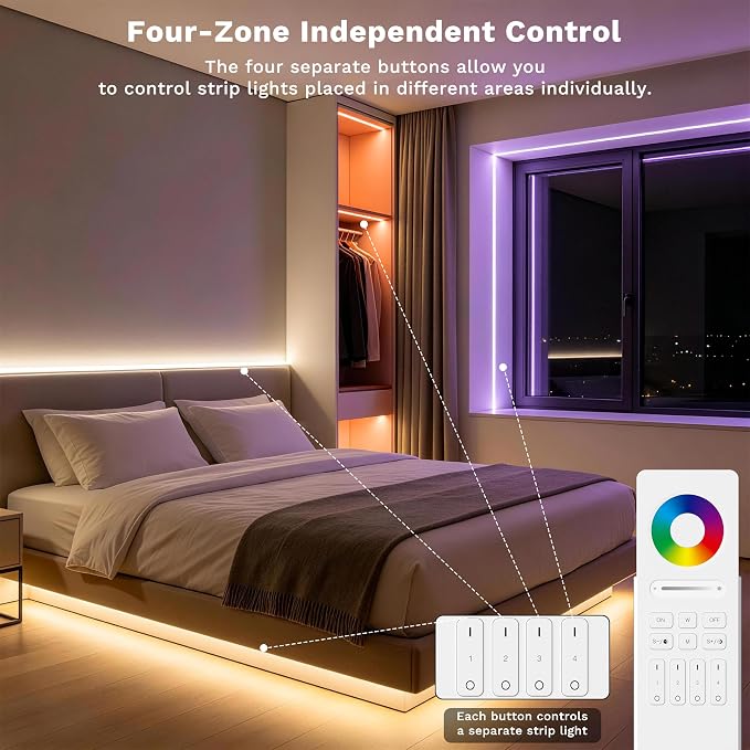 MIWISE Matter LED Controller,2.4GHZ WiFi 4 Zones RF Remote Kit for LED Strip Light,Works with Tuya/Alexa/Google Home/Apple Homekit/Siri,for Dimming/CCT/RGB/RGBCCT/RGBW COB LED Strip Light DC12-48V