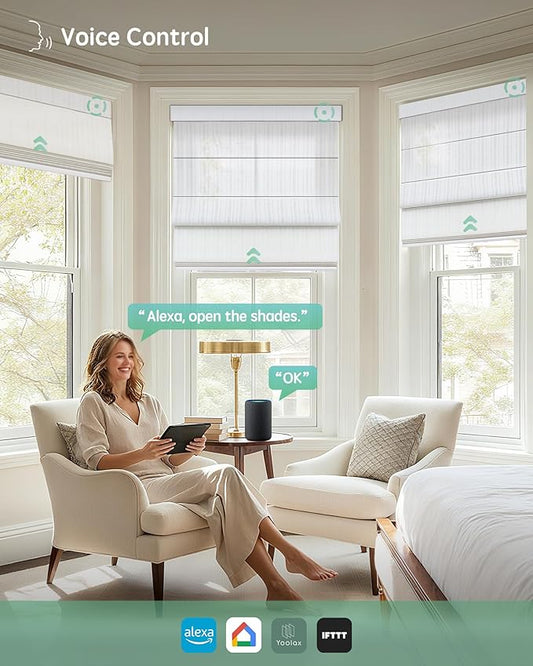Yoolax Motorized Roman Shades with Remote, Smart Roman Shades for Indoor Windows, Light Filtering Automatic Blinds Work with Alexa, Google, Apple Homekit for Living Room, Customized (Strip White)