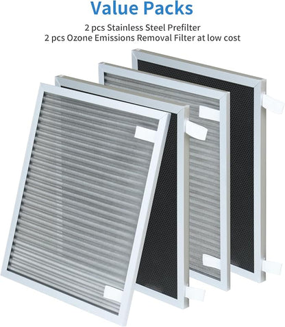 Replacement Filters Compatible with Nuwave Oxypure Zero Smart Air Cleaner Purifier Model 47351, 47251, 47261, 2 Stainless Steel Pre-filters and 2 Activated Carbon Coated Filters