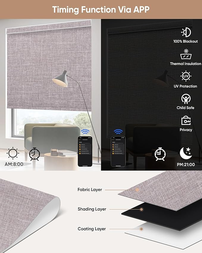 Motorized Blinds with Remote: Kincmo 100% Blackout Roller Shades Work with Apple Homekit,Alexa,Google Home, Customized Electric Blinds with App,Voice Control (100% Blackout Meridian Oat)