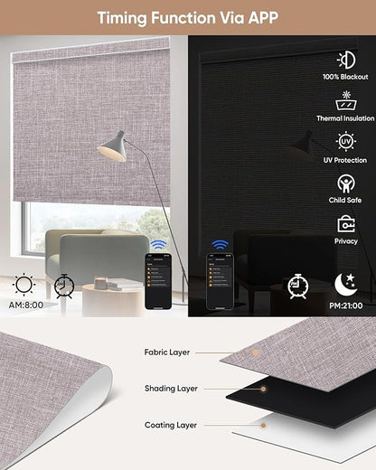 Motorized Blinds with Remote: Kincmo 100% Blackout Roller Shades Work with Apple Homekit,Alexa,Google Home, Customized Electric Blinds with App,Voice Control (100% Blackout Meridian Oat)