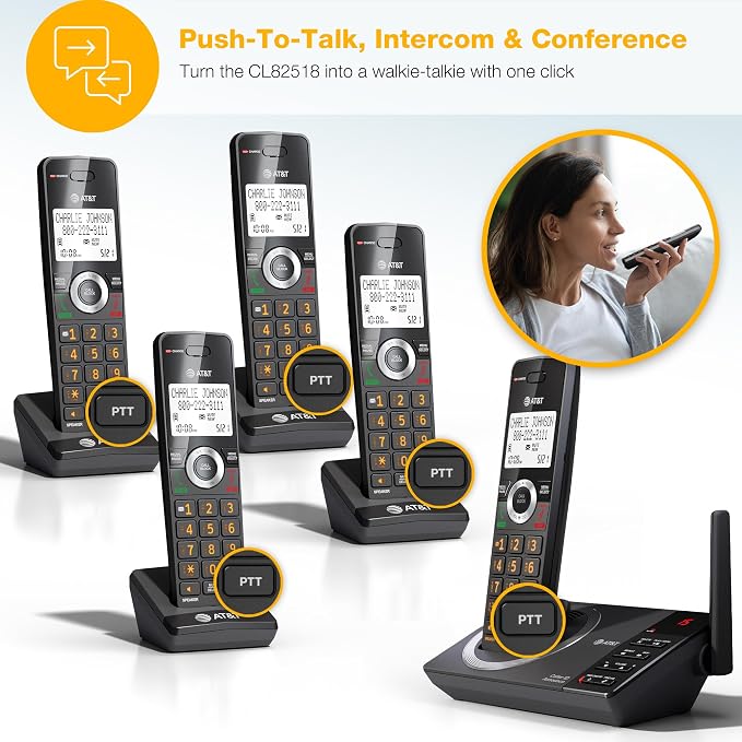 AT&T 5-Handset Expandable DECT 6.0 Cordless Home Phone with Large Display, Big Buttons, Answering Machine, Smart Call Blocker, Long Range, Caller ID, Speakerphone, Intercom: CL82518 (Charcoal Black)