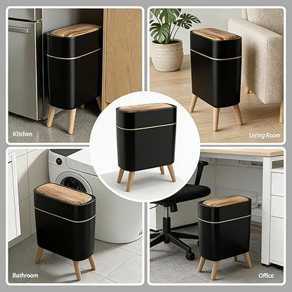 suyika Automatic Trash Can, 2.6 Gallon/10L Bathroom Trash Can with Lid - Wood Grain Lid and Legs, Touchless Waterproof Garbage Bin for Bedroom, Bathroom, Office, Living Room