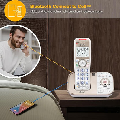 AT&T BL3112-3 3-Handset DECT 6.0 Cordless Phone for Home with Bluetooth Connect to Cell, Smart Call Blocker, Answering Machine, Caller ID, Expandable up to 5 Handsets, Champagne Gold/White