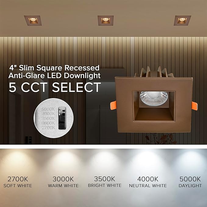 Maxxima 4 in. Ultra-Thin Recessed Anti-Glare LED Downlight, Canless IC Rated, 5 Color Temperature Selectable 2700K/3000K/3500K/4000K/5000K, Dimmable Square Bronze Trim, 90 CRI