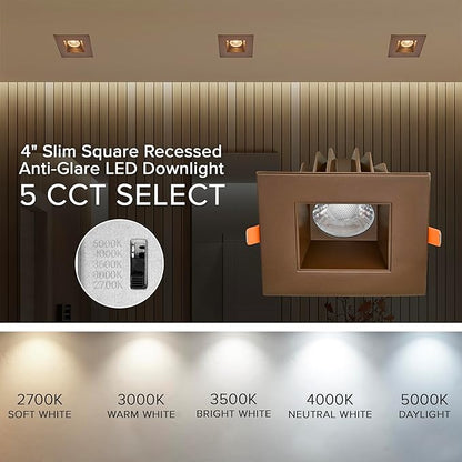 Maxxima 4 in. Ultra-Thin Recessed Anti-Glare LED Downlight, Canless IC Rated, 5 Color Temperature Selectable 2700K/3000K/3500K/4000K/5000K, Dimmable Square Bronze Trim, 90 CRI