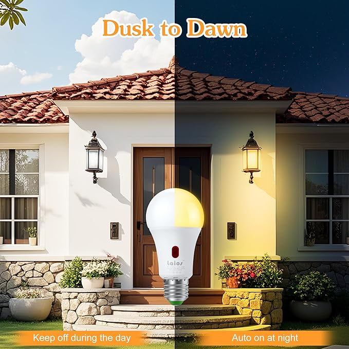 Laios Dusk to Dawn Sensor E26 Light Bulb, 7W LED Outdoor Photocell Lighting Bulb, 1200lm Equivalent 60W,Daylight(5000K), Auto ON/Off with Light Sensor, Pack of 4