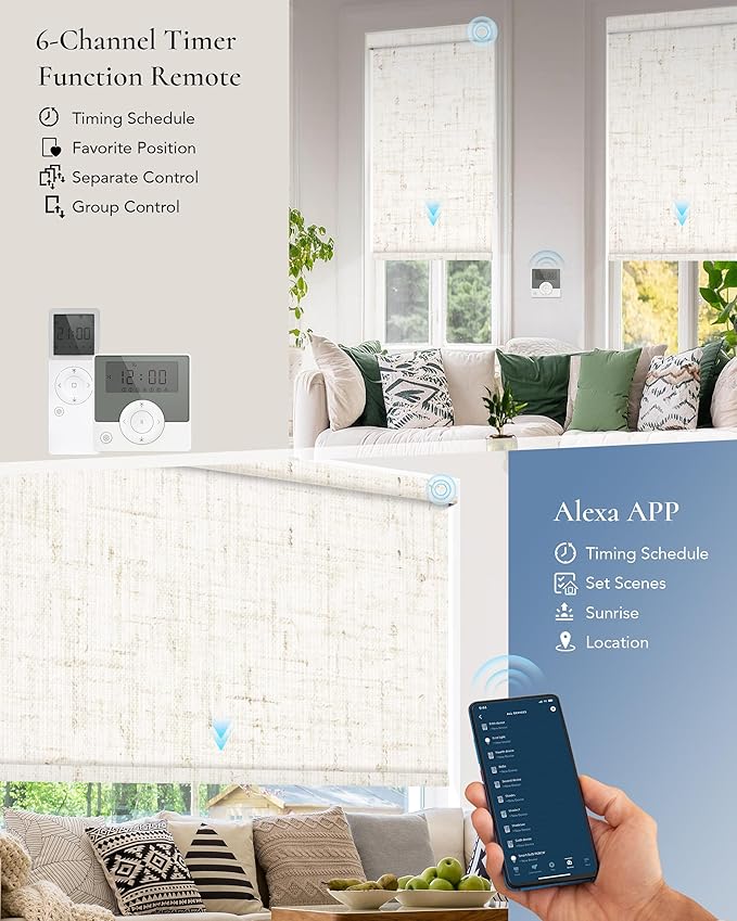 Motorized Blinds Compatible with Alexa Google 100% Blackout Smart Blind Automatic Window Roller Shades Remote Control Custom Size Linen Beige