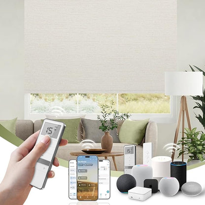 FineTell Motorized Blinds with Remote, 100% Blackout Roller Shades Compatible with Alexa,Apple Homekit,Google Home APP and Voice Control, Customized Electric Blinds (100% Blackout Elegant Cream)