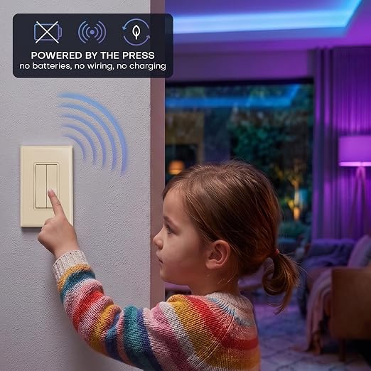 RunLessWire Click for Hue Battery-Free Wireless Switch 2 Pack Light Almond | Dimmable Kinetic Switch Pairs Natively to Philips Hue Bridge, 4 Programmable Buttons to Control Scenes & Areas, 100ft Range