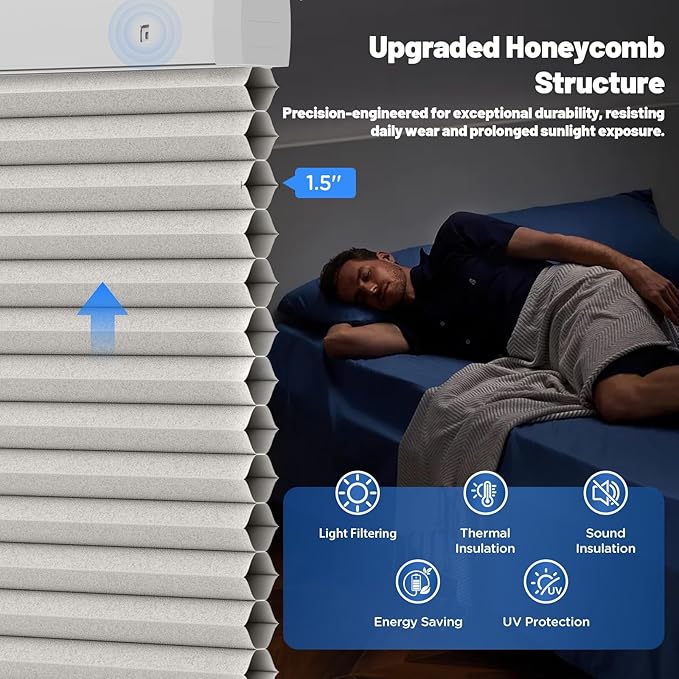 Motorized Cellular Shades with Remote, Smart Cellular Shades Compatible with Apple HomeKit, Alexa & Google Home, Honeycomb Window Blinds for Indoor Windows, Light Filtering Silver Mist