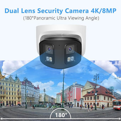 4K 8MP Dual Lens PoE IP Security Camera with 180° Ultra Wide Viewing Angle, 2 Way Talk, Human Detection, SD Card Slot(256GB), Full Color/IR2.0 Night Vision, Compatible with Third-Party NVR or Software