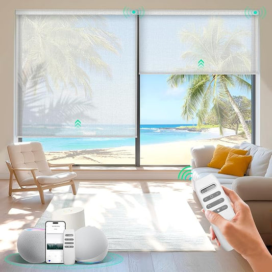 HeyBlinds Motorized Blinds with Remote, Smart Roller Shades with App & Voice Control, Work with Alexa Google HomeKit, Light Filtering Custom Shades for Living Room Office (Sunbeam-Perla White LF)