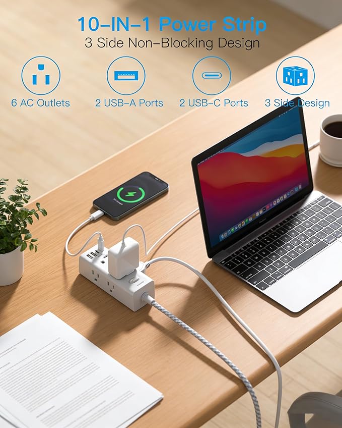Flat Plug Extension Cord 5Ft, One Beat 5 Feet Surge Protector Power Strip with 6 Widely Outlets 4 USB Ports (2 USB C), 3 Way Wall Outlet Extender Extension Cord for Home Office College Dorm Room