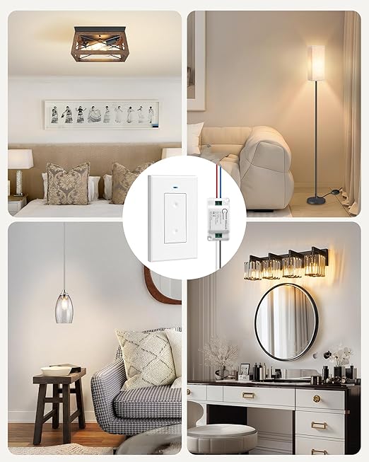 Wireless Light Switch and Receiver Kit, WILAWELS Wireless On Off Switches for Ceiling Light, Lamp, Moveable Remote Wall Switch, 100FT RF Range, No in-Wall Wiring Required, Pre-Programmed W06RC1106