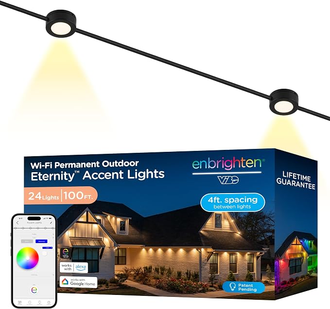 Enbrighten Accent Permanent Outdoor Lights, 100ft, 24 Lights, Smart | Black Cord, RGBWIC LEDs, Weatherproof, Cuttable, Link to 200ft, Christmas, App Control, Works with Alexa & Google Home