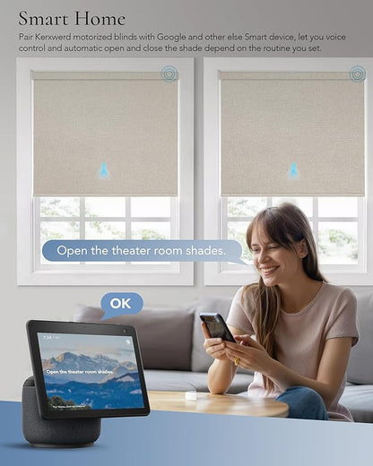 Motorized Blinds Compatible with Alexa Google Custom to 108" Width 100% Blackout Smart Blind Automatic Large Window Roller Shades Remote Control Fabric Beige