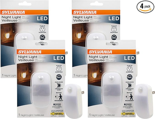 LEDVANCE Sylvania LED Mini Automatic Plug-in Night Light with Sensor, Motion Activated, Dusk to Dawn, Warm White, Plug-in Type - 4 Pack (64988)