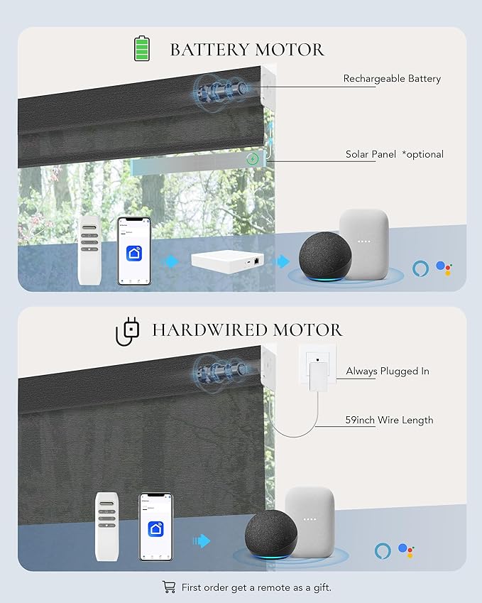 Smart Shades Compatible with Alexa Google Custom to 115" Width Light Filtering Motorized Blinds Automatic Large Window Roller Shade Remote Control 30% Blackout Peacock Black