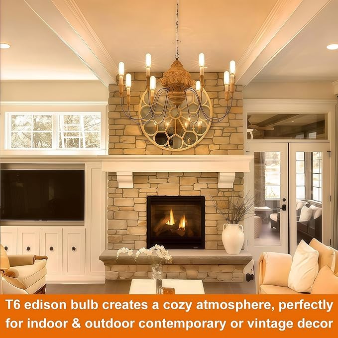 Vinaco 3.39 Inch E12 T6 LED Bulb Dimmable, 6 Pack T6 Candelabra Bulb LED 4W Equal. 40W Warm White 2700K, Clear Glass T6 Tubular LED Edison Bulb for Chandelier, Ceiling Fan, Pendant, Wall sconces