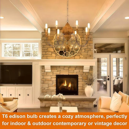 Vinaco 3.39 Inch E12 T6 LED Bulb Dimmable, 6 Pack T6 Candelabra Bulb LED 4W Equal. 40W Warm White 2700K, Clear Glass T6 Tubular LED Edison Bulb for Chandelier, Ceiling Fan, Pendant, Wall sconces