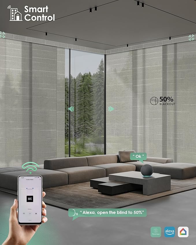 Yoolax Custom XL Smart Sliding Door Blinds, Motorized Sliding Panel Blinds Compatible with Alexa, Light Filtering Vertical Blinds for Glass Doors, Patio Doors, Closet Doors, Half Shading Woven Dune