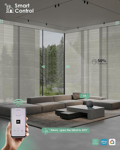 Yoolax Custom XL Smart Sliding Door Blinds, Motorized Sliding Panel Blinds Compatible with Alexa, Light Filtering Vertical Blinds for Glass Doors, Patio Doors, Closet Doors, Half Shading Woven Dune
