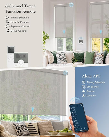 Motorized Light Filtering Shades Compatible with Alexa Google Smart Blinds Automatic Window Shade Remote Control 30% Blackout Foggy Grey
