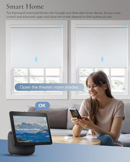 Motorized Blinds Compatible with Alexa Google Custom to 115" Width 100% Blackout Smart Blind Automatic Large Window Roller Shades Remote Control Vinyl White