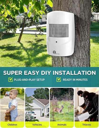 1byone Driveway Alarm, Weatherproof PIR Sensor, Single Unit | Home Security Alert System with 24ft/8m Detect Range, Indoor/Outdoor Protection, Easy Installation