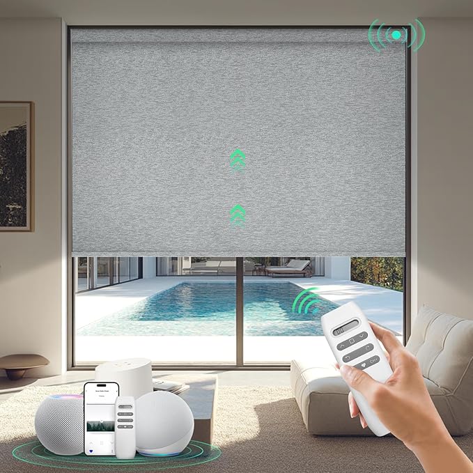 HeyBlinds Motorized Blinds with Remote, 100% Blackout Smart Blinds, Automatic Shades for Windows Compatible with Alexa Google and Homekit, Custom Size(Silver Lining-Misty Grey BO)