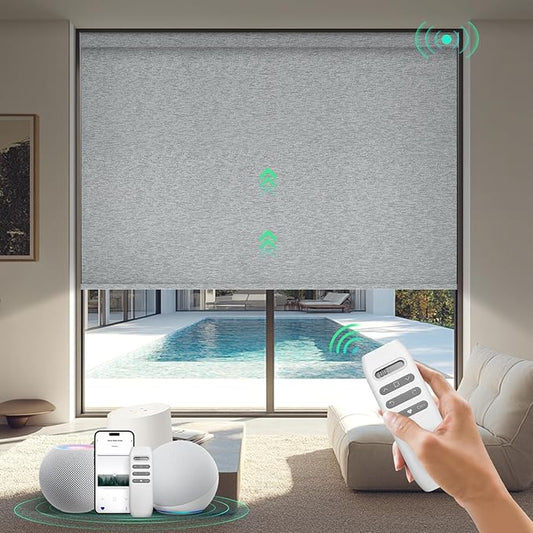 HeyBlinds Motorized Blinds with Remote, 100% Blackout Smart Blinds, Automatic Shades for Windows Compatible with Alexa Google and Homekit, Custom Size(Silver Lining-Misty Grey BO)