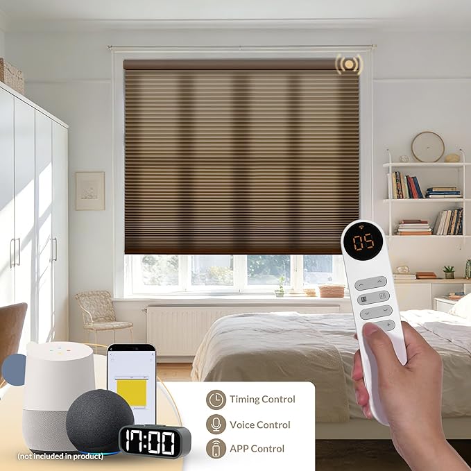 Boolegon No Drill Motorized Cellular Blinds With Remote Motorized Blackout Honeycomb Blinds For Indoor Windows Easy to Install Automatic Cellular Shades For Home,Light Filtering Dark Brown,Custom Size