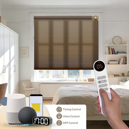 Boolegon No Drill Motorized Cellular Blinds With Remote Motorized Blackout Honeycomb Blinds For Indoor Windows Easy to Install Automatic Cellular Shades For Home,Light Filtering Dark Brown,Custom Size