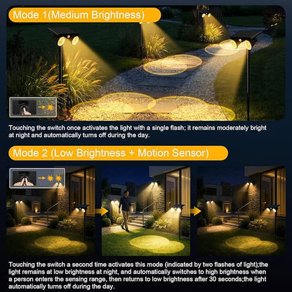 Solar Spot Lights Outdoor Waterproof 2Pack,2 Modes Motion Sensor Landscape Lighting for Outside Yard Garden Pathway,2-in-1 Wall&Spot LED Lights with 360° Adjustable Dual Heads(Warm Light)