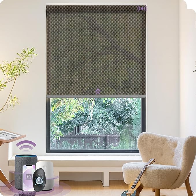 Graywind Motorized Solar Shades Light Filtering Mesh Shade Compatible with Alexa Google Remote Control Window Blinds with Valance for Smart Home Office Business, Custom Size (3% Openness Chocolate)