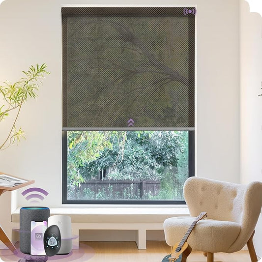 Graywind Motorized Solar Shades Light Filtering Mesh Shade Compatible with Alexa Google Remote Control Window Blinds with Valance for Smart Home Office Business, Custom Size (3% Openness Chocolate)