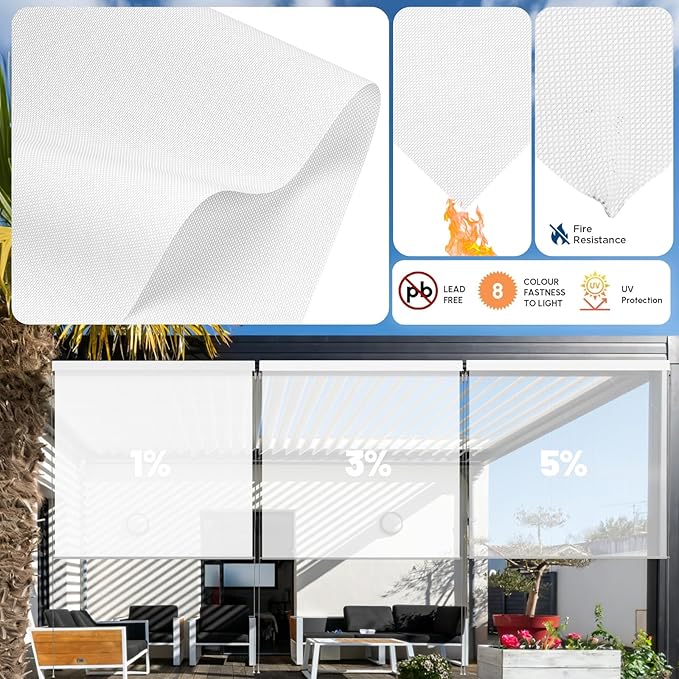 Motorized Outdoor Shades, Custom Patio Roller Blinds with Remote, Smart Exterior Sun Shades Compatible with Alexa, HomeKit, Google Home (5% Openness White)