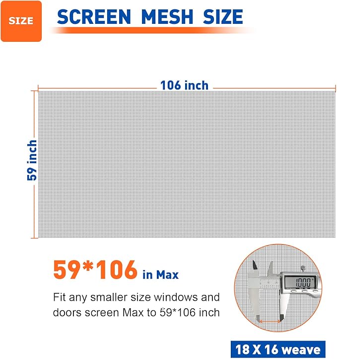 HOFUDON Window Screen Mesh, 59"x106" Fiberglass Screen Door Mesh, Window Screen Replacement, Patio Porch Screen Mesh Black