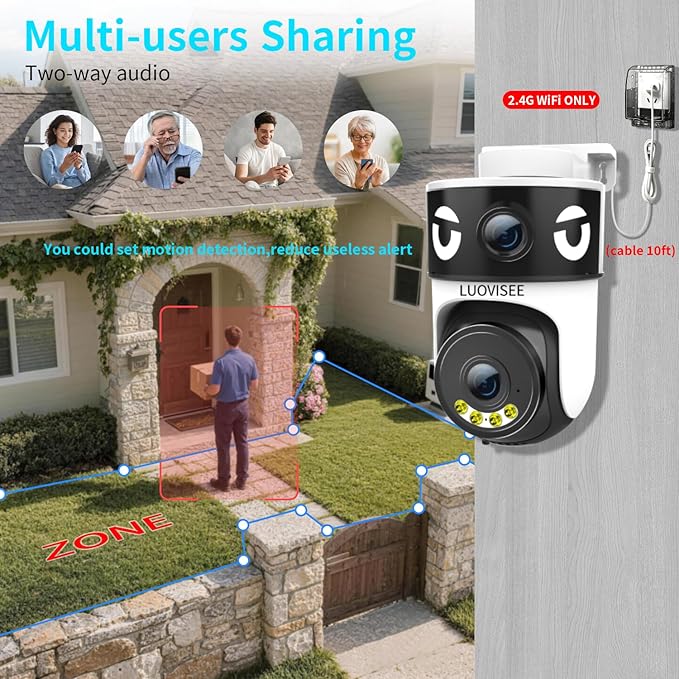 Luovisee Dual Lens Security Camera Outdoor/Indoor,Wired Camera for Home Security for Plug-in 24/7 Continuous Recording,360° View Pan/Tilt,Siren Alarm,Two Way Audio,2.4GHz Wi-Fi