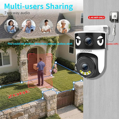 Luovisee Dual Lens Security Camera Outdoor/Indoor,Wired Camera for Home Security for Plug-in 24/7 Continuous Recording,360° View Pan/Tilt,Siren Alarm,Two Way Audio,2.4GHz Wi-Fi