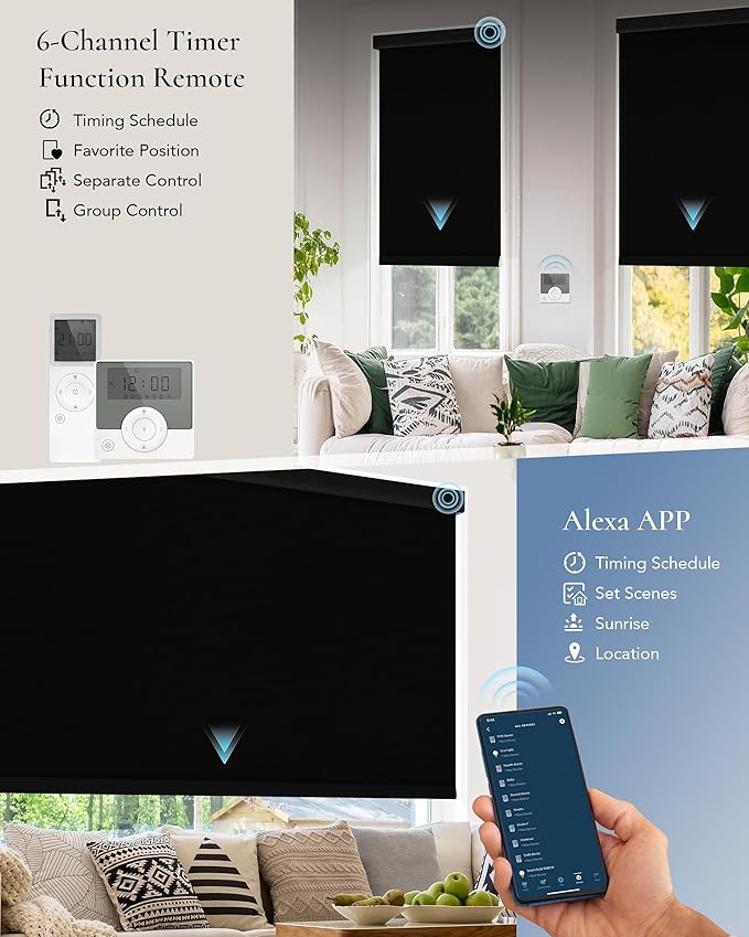 Motorized Blinds Compatible with Alexa Google 100% Blackout Smart Blind Automatic Window Roller Shades Remote Control Custom Size Double-Sided Fabric Black