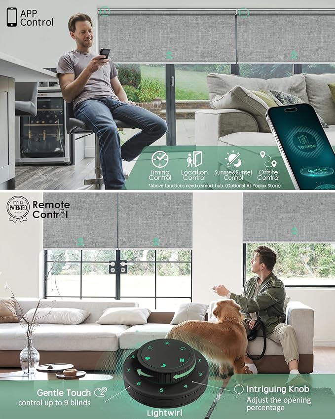 Yoolax Motorized Blinds with Remote, 100% Blackout Smart Roller Shades Work with Alexa, Google, Apple Homekit, Custom Automatic Shades with Voice Control for Bedroom Office (Fabric Smoky Gray)