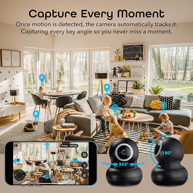 Geeni Sentinel Smart 2K Indoor Security Camera with Auto-Tracking – Dual-Band 2.4GHz & 5GHz WiFi, 2K HD Video, App & Voice Control, Motion Detection, Black