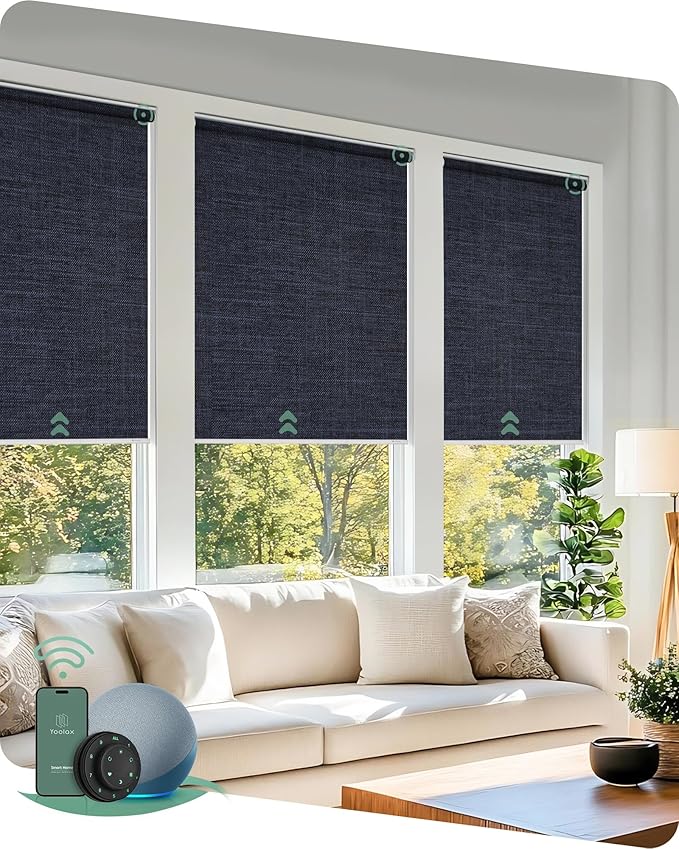 Yoolax Motorized Blinds with Remote, 100% Blackout Smart Roller Shades Work with Alexa, Google, Apple Homekit, Custom Automatic Shades with Voice Control for Bedroom Office (Fabric Navy Blue)