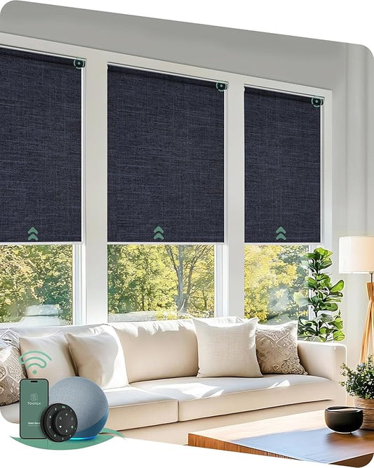 Yoolax Motorized Blinds with Remote, 100% Blackout Smart Roller Shades Work with Alexa, Google, Apple Homekit, Custom Automatic Shades with Voice Control for Bedroom Office (Fabric Navy Blue)